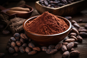 Cocoa powder in a wooden bowl with the cocoa seeds around it. Generative AI