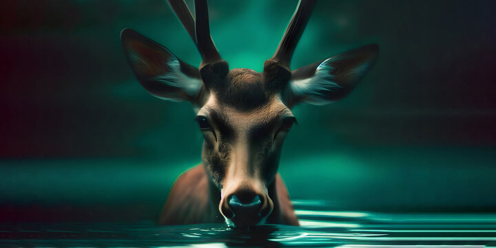 Beautiful deer is swimming on lake, portrait of wildlife. This content with created with AI tools.