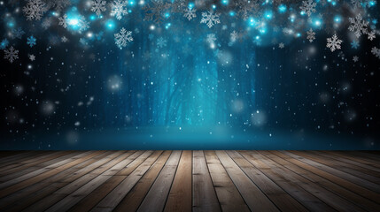 Merry christmas and happy new year greeting background with table. Winter landscape with snowflakes. Copyspace for text