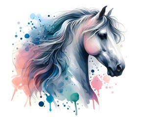Horse head. Portrait. Watercolor paint. Isolated illustration on a white background. Banner. Close-up. Generative AI