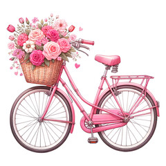 Pink Retro Bicycle Valentine, Watercolor Valentine' s day Clipart, Bicycle with Balloons, Heart balloons, love clipart, heart clipart PNG