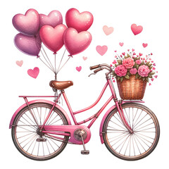 Pink Retro Bicycle Valentine, Watercolor Valentine' s day Clipart, Bicycle with Balloons, Heart balloons, love clipart, heart clipart PNG