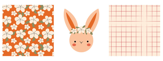 Seamless pattern with rabbit  face , cotton and flowers  on purple, orange background. Nursery wallpaper, textile or wrapping paper vector illustration.