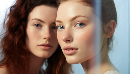 Two young adult females looking at camera, beauty and elegance generated by AI