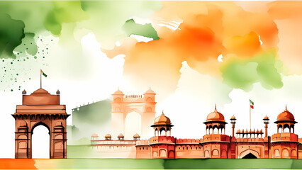 Watercolor illustration of republic day of india with copy space. - obrazy, fototapety, plakaty