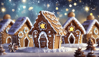 Gingerbread houses snowed in in a blue and white winter landscape