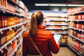 Young woman checking mobile phone or tablet while standing near blurred shelves while shopping in supermarket, rear view. Female using shopping list in grocery store - obrazy, fototapety, plakaty