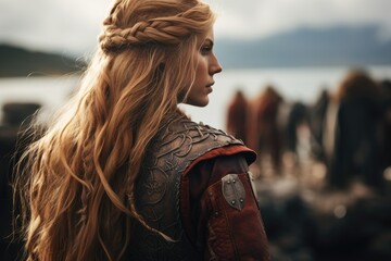 A Viking stands poised and resolute on the battlefield, her intricate braids and battle-worn armor embodying the fierce spirit of the legendary female warriors of Norse mythology - obrazy, fototapety, plakaty