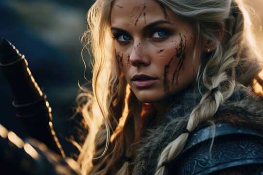 A Viking stands poised and resolute on the battlefield, her intricate braids and battle-worn armor embodying the fierce spirit of the legendary female warriors of Norse mythology