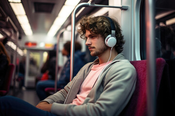 A young man enjoys music on headphones, in a tranquil moment on a busy train.