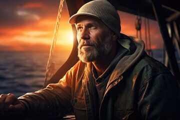 Obraz premium A close-up portrait of a weathered sailor with a rugged beard against the backdrop of the ocean and a captivating sunset