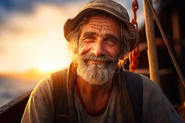 Fotobehang A close-up portrait of a weathered sailor with a rugged beard against the backdrop of the ocean and a captivating sunset © ChaoticMind