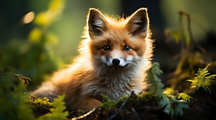 Obraz premium Young fox in the forest, enchanting natural light, close-up