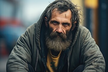 Obraz premium Close up portrait of homeless man