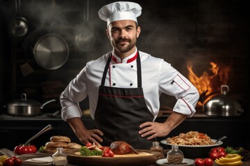 Culinary Maestro: Handsome male chef, wearing a chef's cap and apron, exudes confidence as he stands amidst expertly crafted dishes in a professional kitchen setting. Generated AI