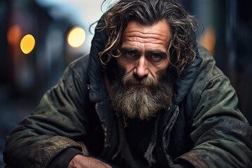 Obraz premium Close up portrait of homeless man