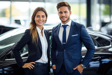 Fototapeta premium Embrace success with a sleek investment in a cutting-edge vehicle. Capture the joy of two young professionals, clad in sharp business attire, by a contemporary car in a showroom setting. Generated AI