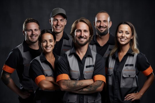 Expert repair technicians unite against a dark grey canvas. Uniformed men and women embody the essence of a top-tier repair service team. Generated AI