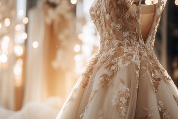Exquisite bridal gowns on display in shop, featuring delicate lace and beading details, set against a backdrop of soft, glowing lights in an upscale boutique