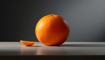 Juicy citrus slice on wood table, vibrant orange freshness generated by AI - obrazy, fototapety, plakaty