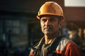 Fototapeta premium Portrait Of Focused Construction Worker in Industrial Setting