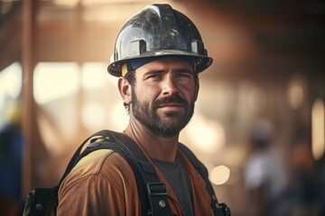 Obraz premium Portrait Of Focused Construction Worker in Industrial Setting