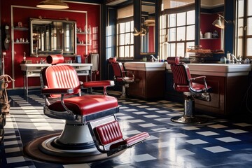Vintage Elegance: Sunlit Barber Shop with Classic Red Leather Chair