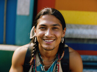 Retrato de hombre joven nativo americano, escena contemporánea