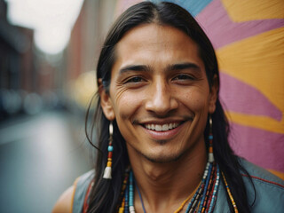 Retrato de hombre joven indio nativo americano, navajo, cherokee, escena contemporánea en la ciudad - obrazy, fototapety, plakaty