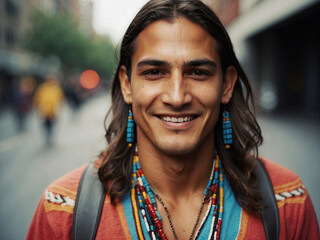 Retrato de hombre joven indio nativo americano, navajo, cherokee, escena contemporánea - obrazy, fototapety, plakaty