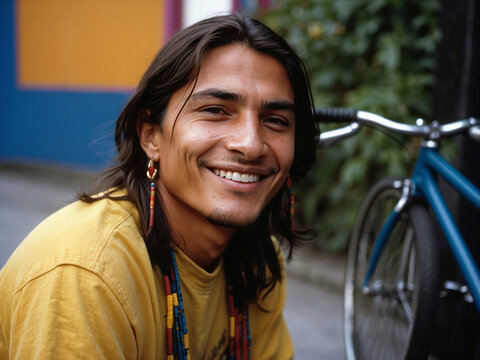 Retrato de hombre joven indio nativo americano, navajo, cherokee, escena contempor&aacute;nea