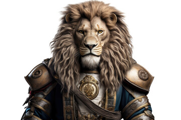 Obraz premium The Royal White lion with luxury dress costume. Close up Portrait King lion with throne and crown isolated on transparent png background.