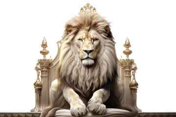 The Royal White lion with luxury dress costume. Close up Portrait King lion with throne and crown isolated on transparent png background.
