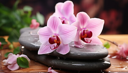 Fototapeta na wymiar Freshness and beauty in nature, a pink orchid generated by AI