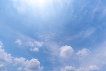 Panoramic view of clear blue sky and clouds, Blue sky background with tiny clouds. White fluffy clouds in the blue sky. Captivating stock photo featuring the mesmerizing beauty of the sky and clouds.