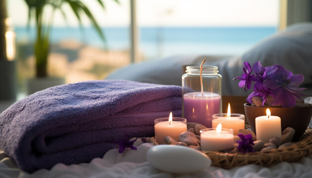 Relaxation, towel, candle, luxury, aromatherapy, nature, flower, wellbeing generated by AI