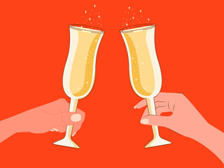 Flat vector illustration of glasses with champagne.Celebrating New Year.Hands with glass.