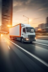 Image of a speeding delivery truck on a highway with motion blur, conveying urgency and efficiency in delivery - obrazy, fototapety, plakaty