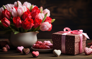 Free photo flowers near hearts, present box and chocolate candies