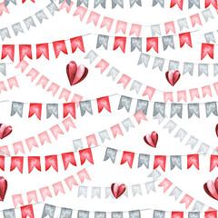 Watercolor illustration collection of red and grey flag buntings seamless pattern. Hand painted sketchy drawing on white background, cut out clip art hearts for valentines day design.