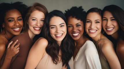 Fototapeta premium Joyful diverse group of women huddled together, sharing a laugh.