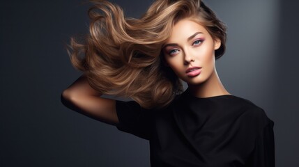 Fototapeta premium Glamorous model with voluminous hair in elegant black attire against a dark background.