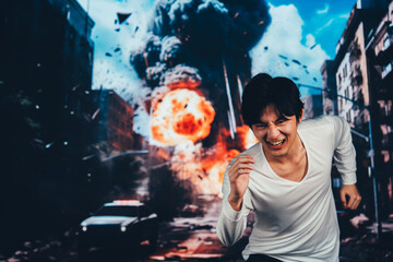 爆弾が落ちてきて避難する男性