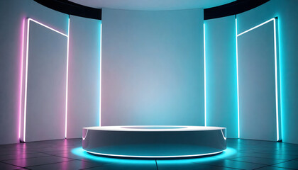 Beautiful futuristic background for presentation with modern podium, textured white wall and neon backlight