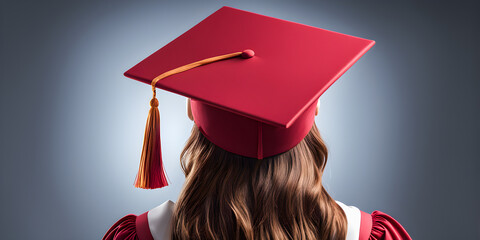 Back view of a long-haired woman wearing a red graduation cap and graduation gown. Generative Ai