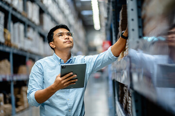 Businessman or supervisor uses a digital tablet to check the stock inventory in furniture large...