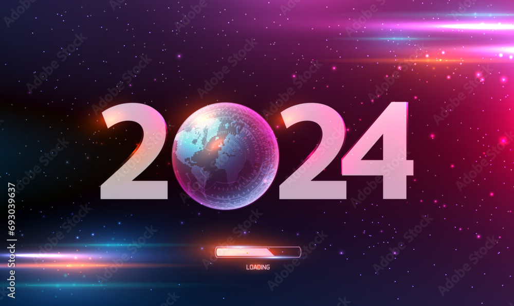 Poster 2024 happy new year digital web banner template with globe map on space background. digital ai world