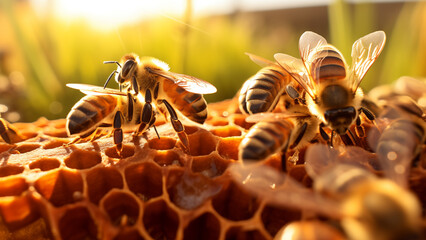 Close-up photo of worker bees working hard to build a honeycomb