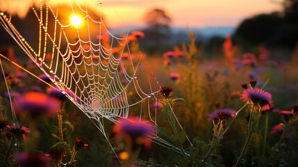A dew-kissed spiderweb clinging to vibrant wildflowers at sunrise in a secluded meadow. Keywords