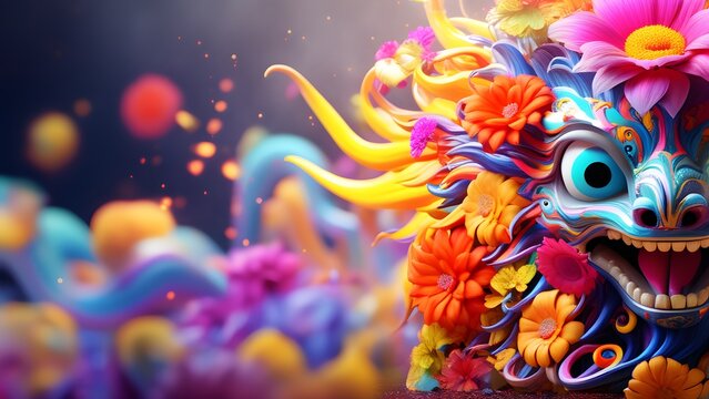One flower pot vivid colors. Dragon Flower head. Beautiful flowers head. Generative AI.